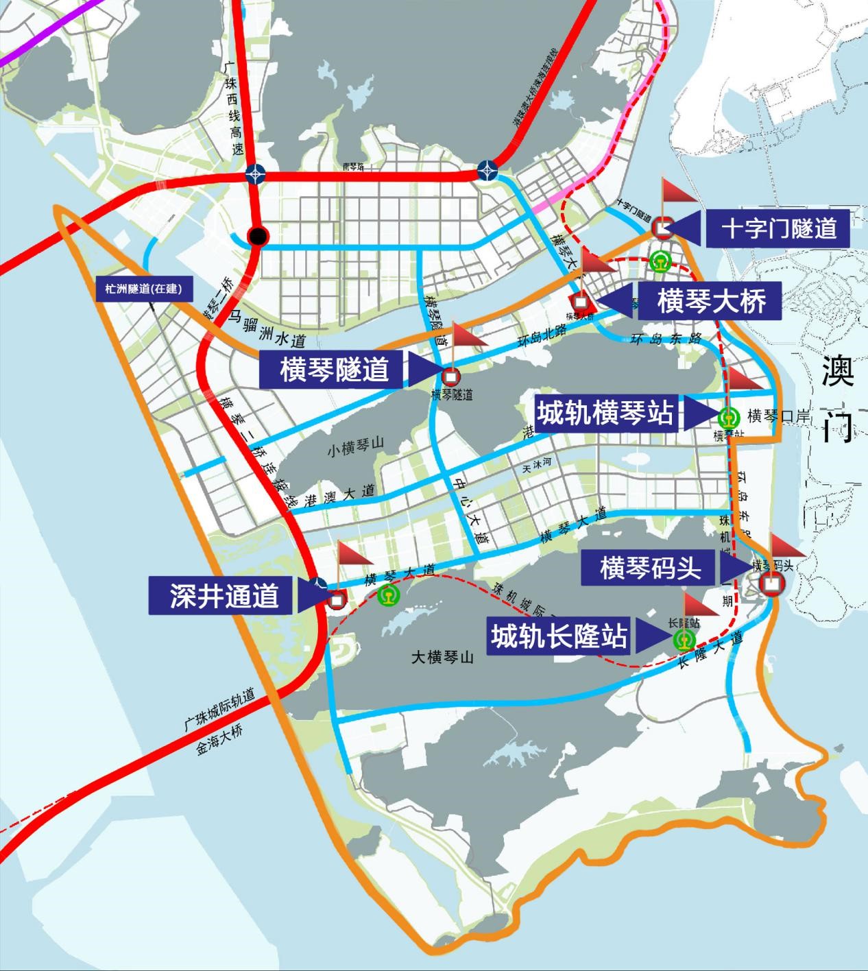 　　横琴粤澳深度合作区“一线”“二线”示意图。其中，“一线”主要是横琴口岸；“二线”通道主要包括横琴大桥、横琴隧道、深井通道、横琴码头、广珠城轨延长线横琴站及长隆站、十字门隧道（临时出岛）。横琴粤澳深度合作区执委会供图。