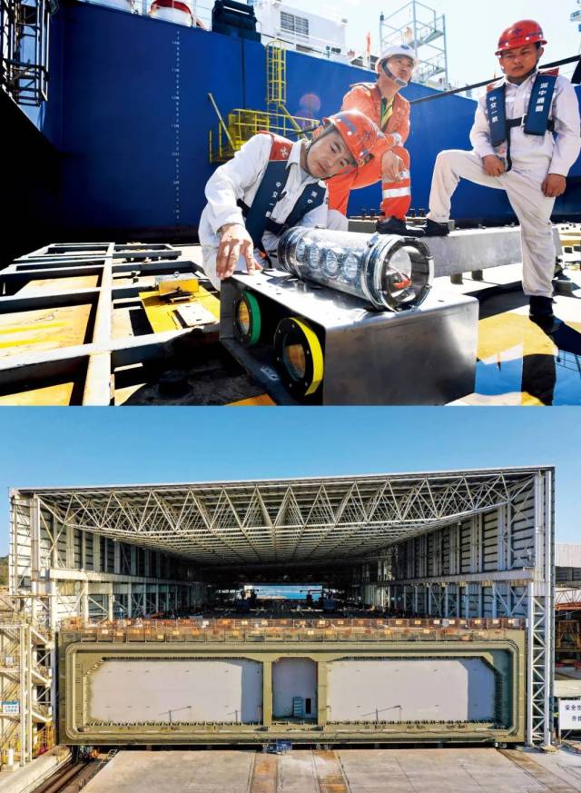 上图：2022年7月22日，在“一航津安1”号沉管运输安装一体船挂载的E19沉管上，测绘团队负责人（左一）为潜水员讲解拆解水下双目摄影定位设备的注意事项。下图：2023年1月30日，中交四航局珠海牛头岛沉管智慧工厂，深中通道海底隧道最后一个管节（非标准管节、含最终接头）。本版图/新华社