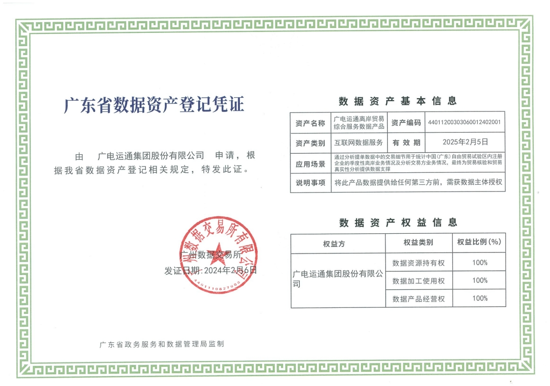 “离岸易”已获得广州数据交易所颁发的数据资产登记凭证。