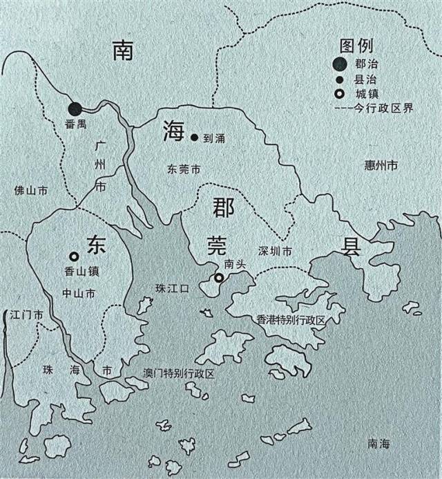 唐代东莞县辖区图。来源：《深圳古代史》，陈海滨 著，深圳报业集团出版社2015年1月第一版。
