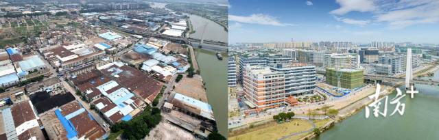 中山智能家电产业园（大岑片区）改造前后对比。左图为资料图，右图高隽摄。  中山智能家电产业园（大岑片区）改造前后对比。左图为资料图，右图高隽摄。